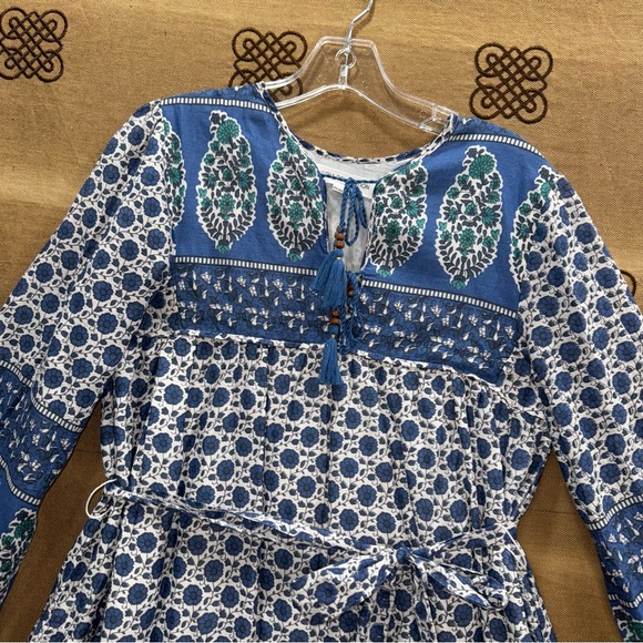 Emerson Fry India Collection Blue&White Paisley Cotton Boho Peasant Midi Dress - Picture 7 of 16